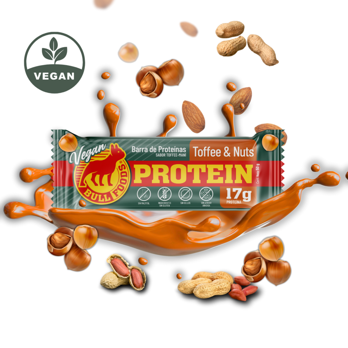 Barra de proteína vegana Toffee & Nuts – Caja 20 barras Bull Foods