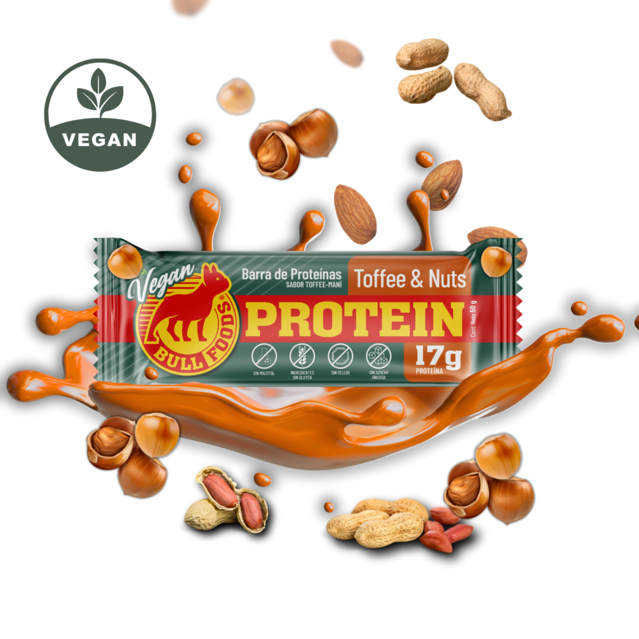 Barra de proteína vegana Toffee & Nuts – Caja 20 barras Bull Foods