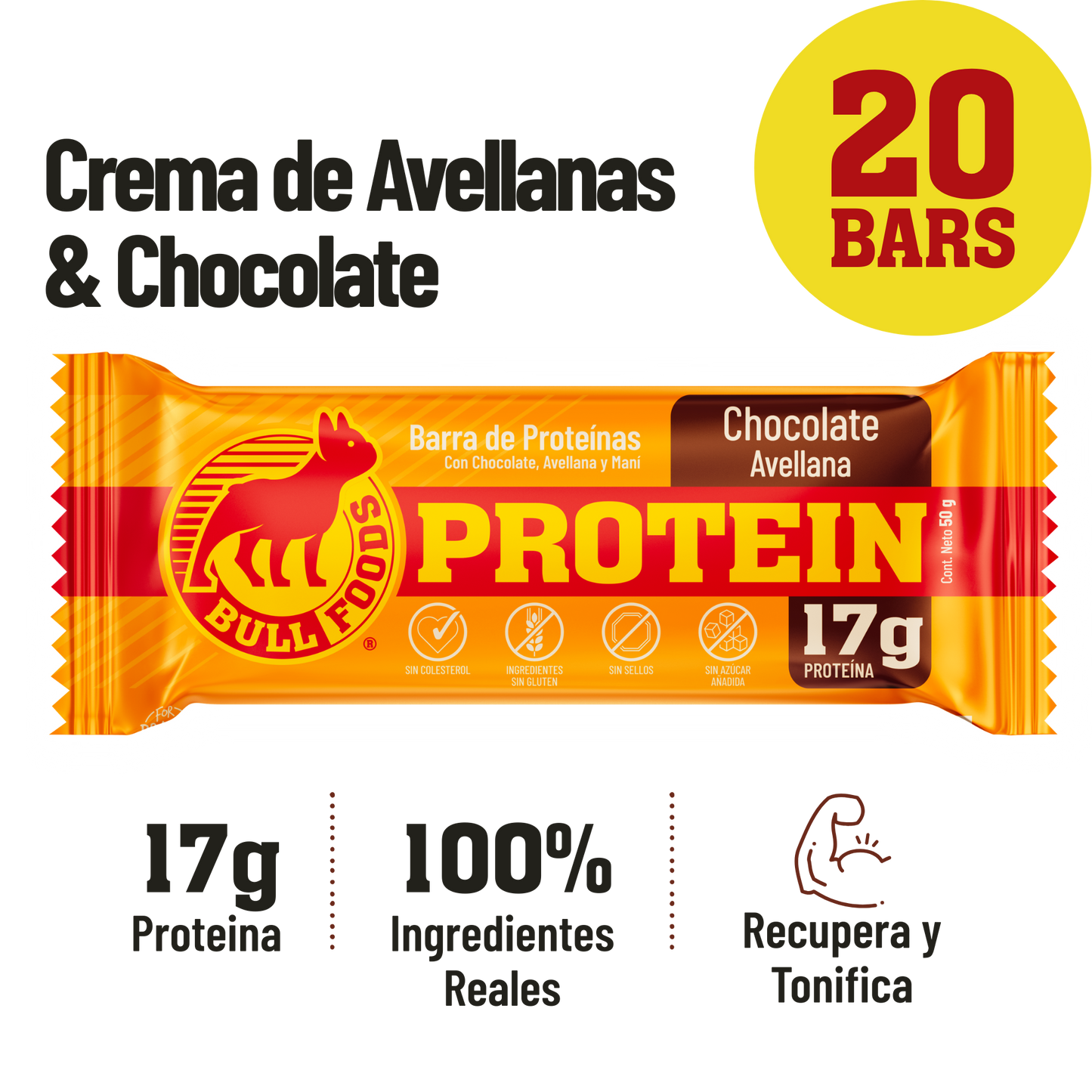 Barra de proteína Chocolate Avellana – Caja 20 barras Bull Foods