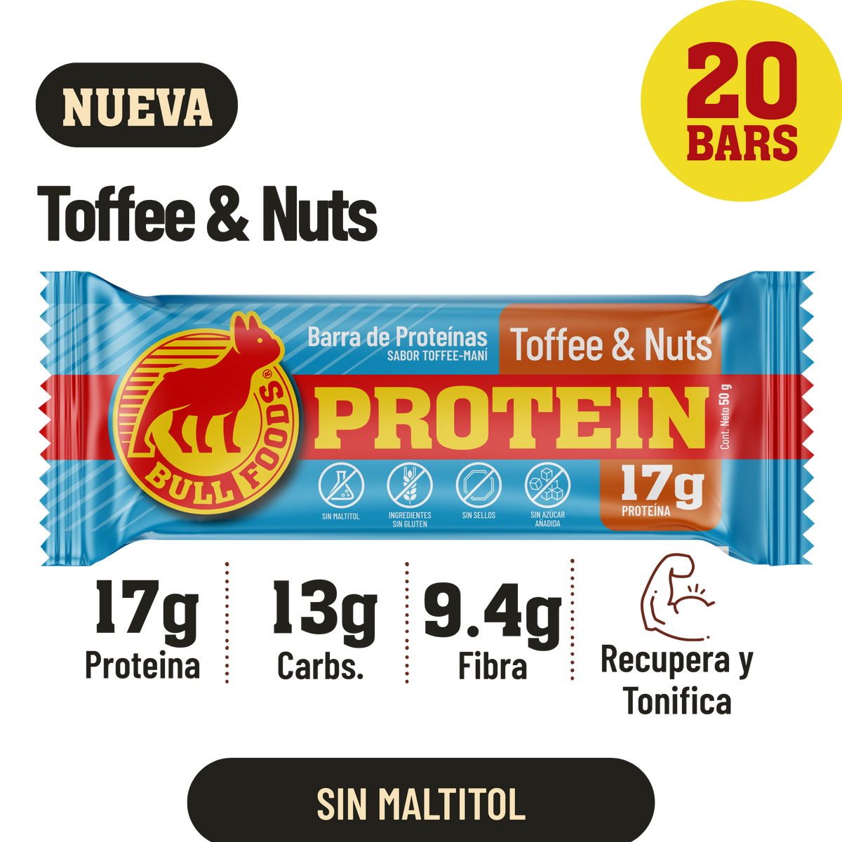 Barra de proteína Toffee & Nuts – Caja 20 barras Bull Foods