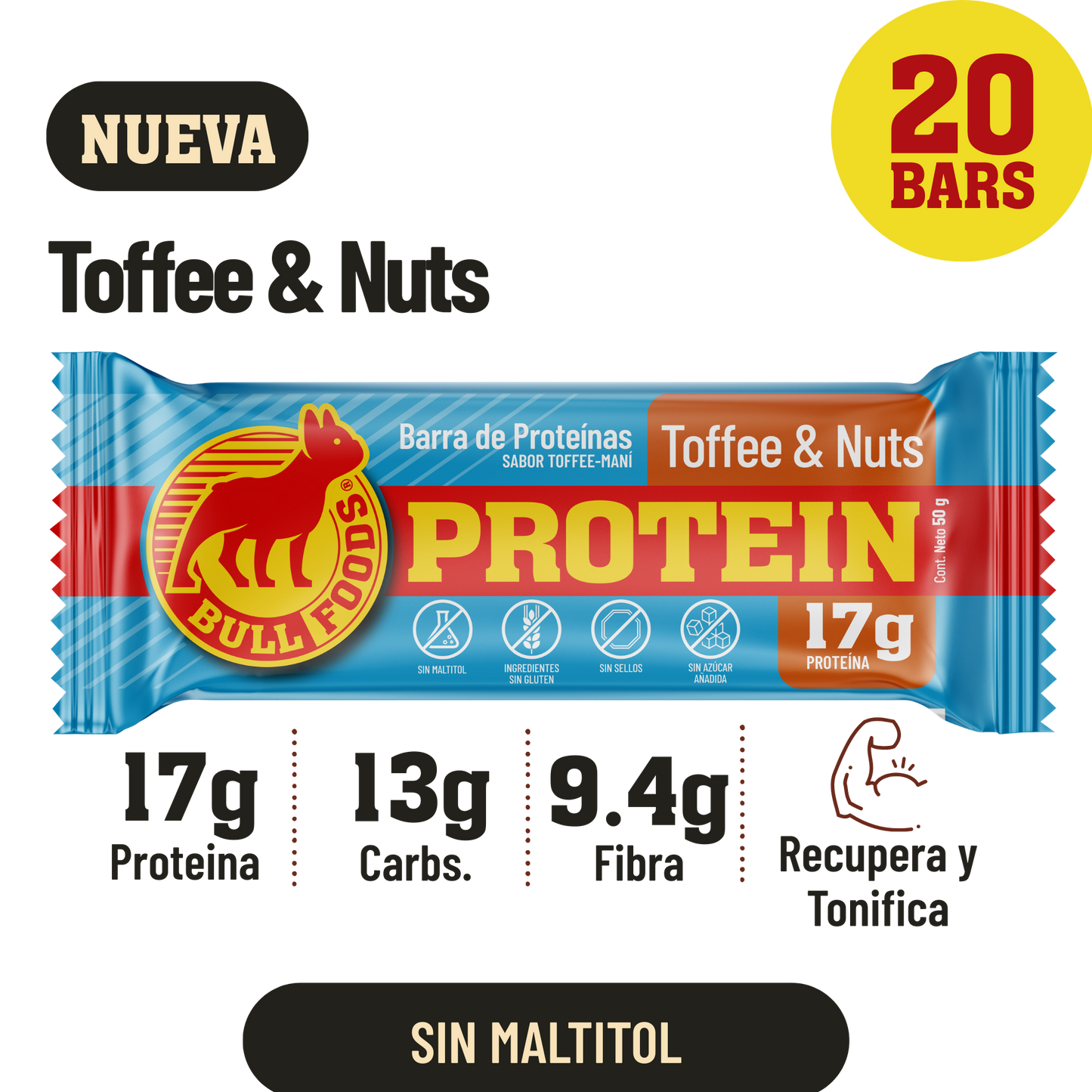 Barra de proteína Toffee & Nuts – Caja 20 barras Bull Foods