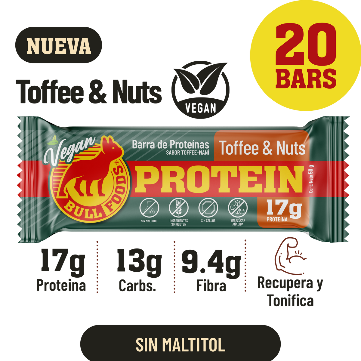 Barra de proteína vegana Toffee & Nuts – Caja 20 barras Bull Foods