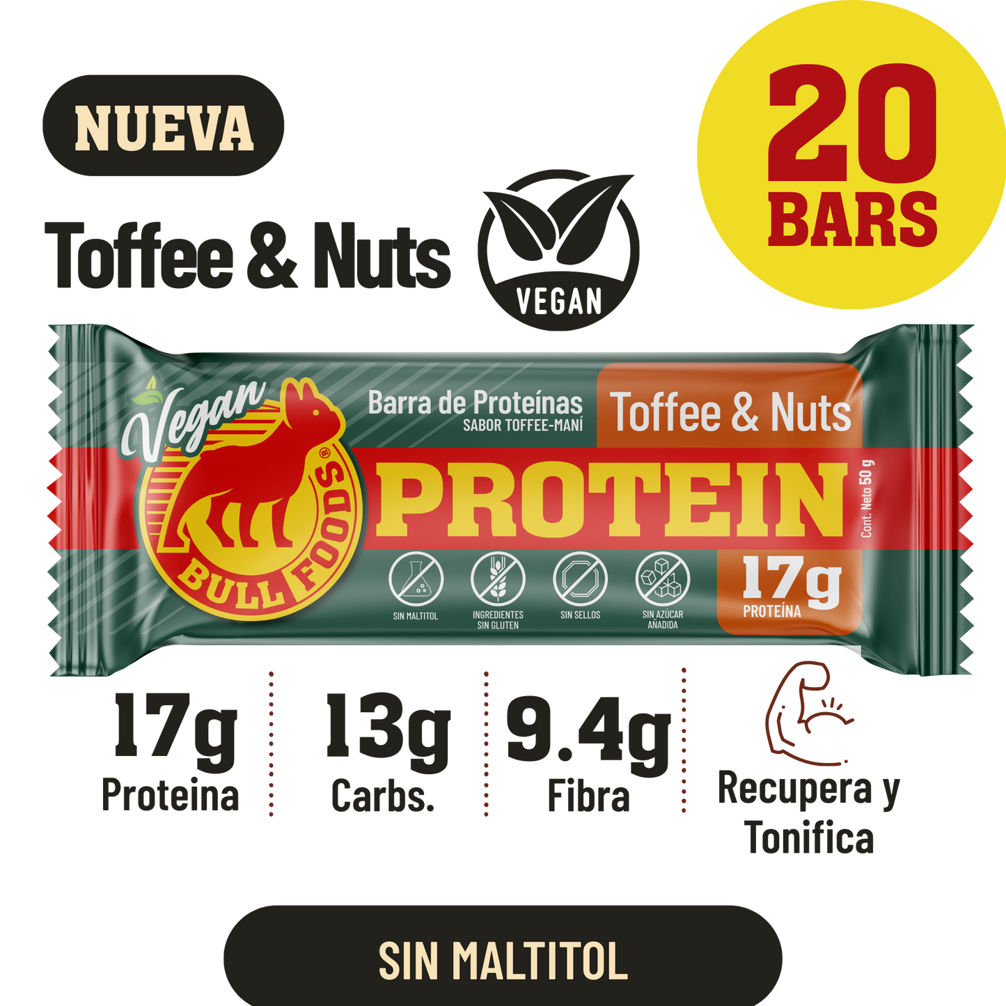Barra de proteína vegana Toffee & Nuts – Caja 20 barras Bull Foods