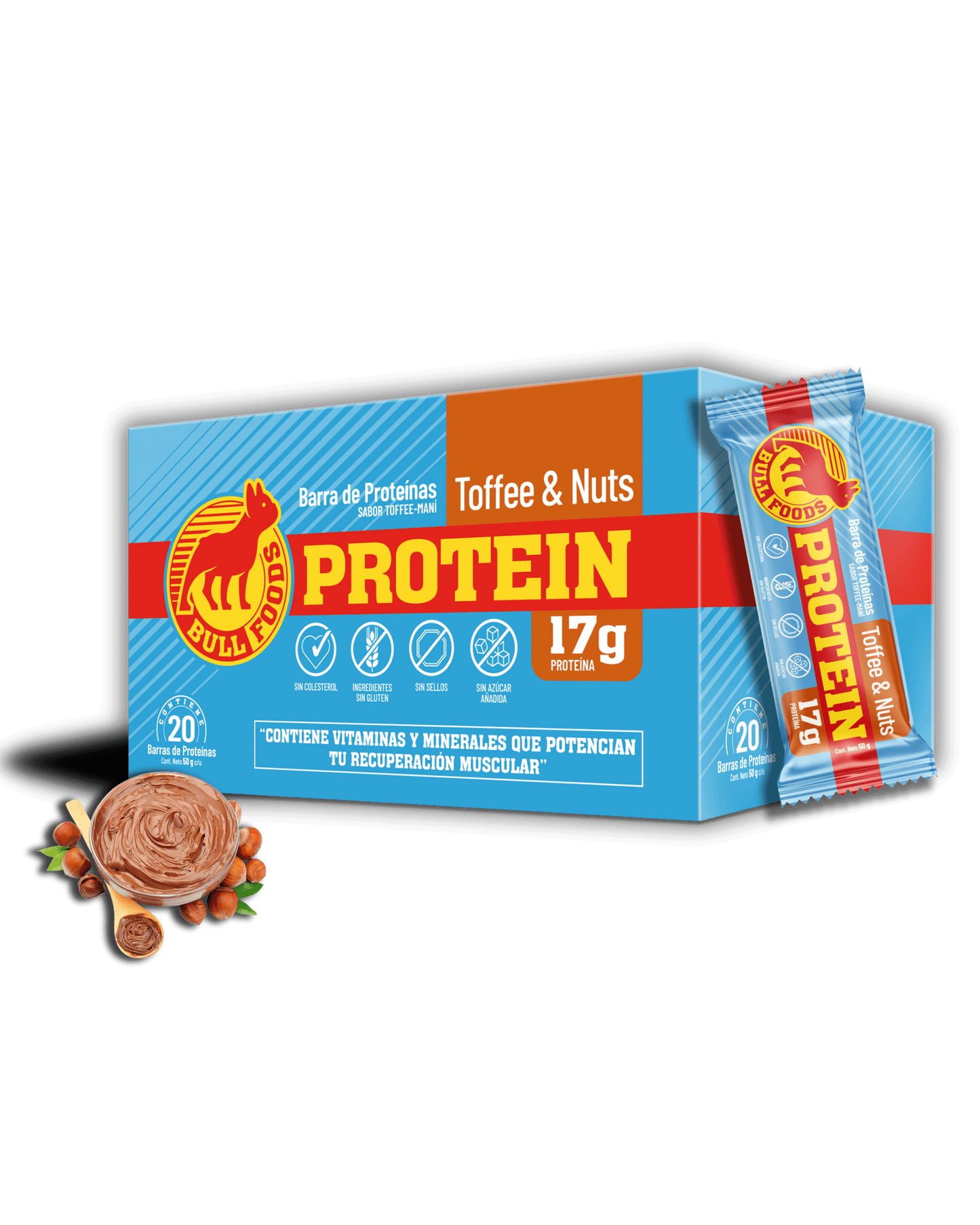 20 Barras de 17g de proteínas, elaboradas con whey protein, pasta de avellana europea, pasta de maní, almendras laminadas, dátiles y un mix de proteínas. Estas barras son más que un simple snack; son una fuente concentrada de proteínas provenientes de fue