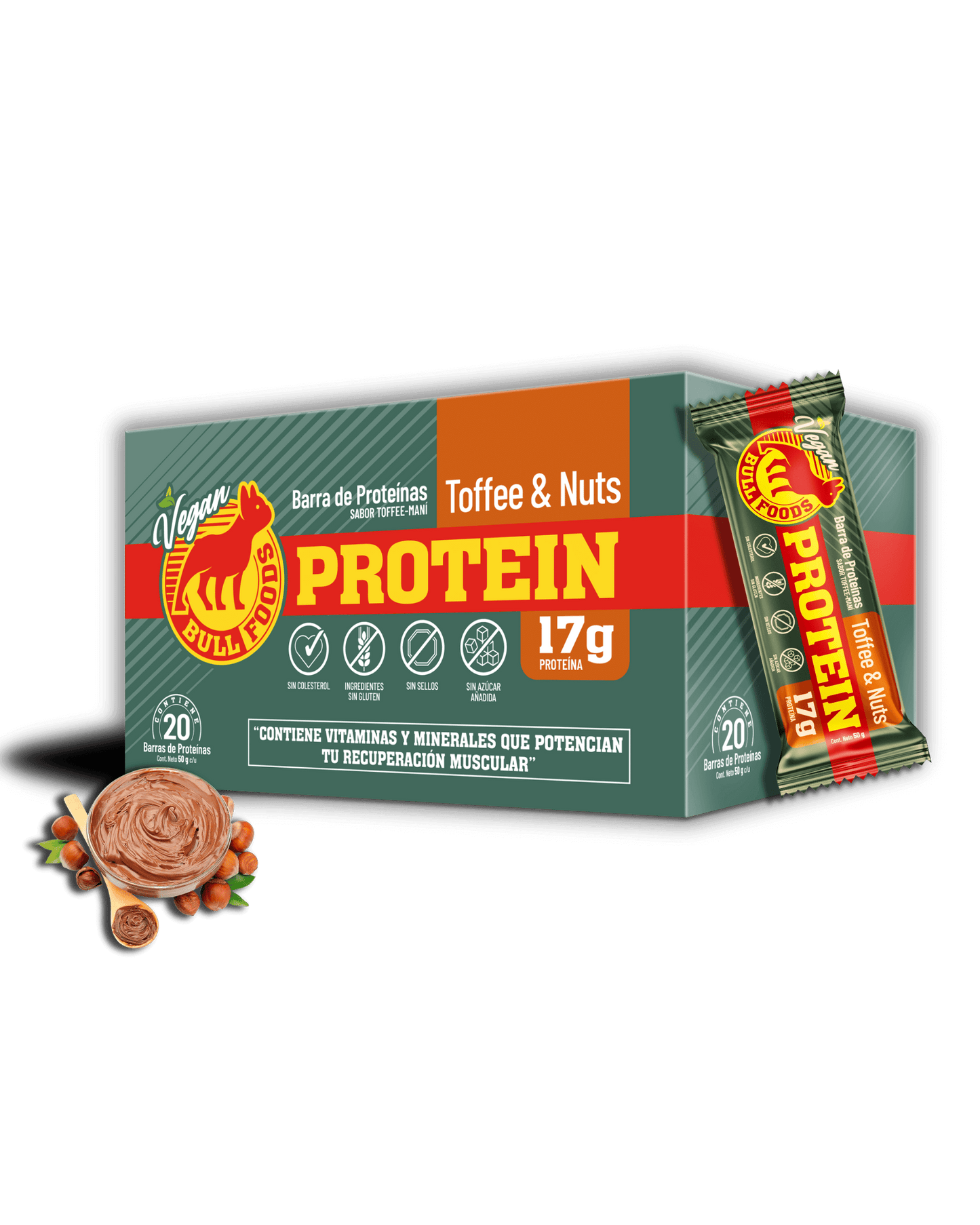 20 Barras veganas con 17g de proteínas, elaboradas con pasta de avellana europea, pasta de maní, almendras laminadas, dátiles y un mix de proteínas (arveja y soya). Estas barras son más que un simple snack; son una fuente concentrada de proteínas provenie